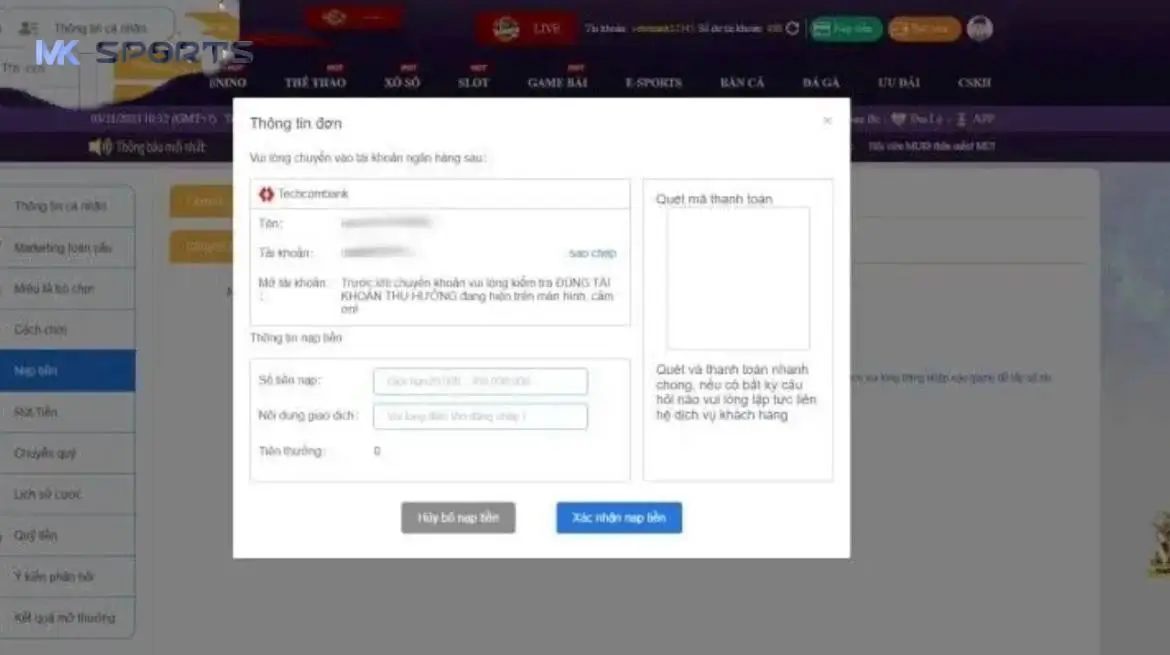 Chi tiết các phương thức nạp tiền tại MK Sports